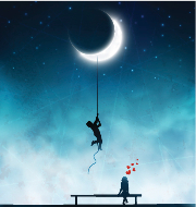 Girl in love with man hanging from crescent moon