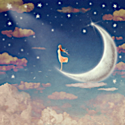 Girl on Crescent Moon with Pink Clouds