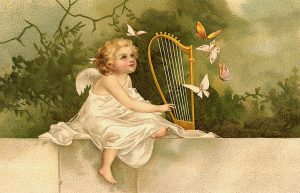 Angel attracting butterflies with the harp
